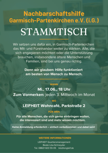 Jeden 3. Mittwoch im Monat findet ab 18 Uhr der Stammtisch der Nachbarschaftshilfe GaPa im LEIFHEIT Wohncafé statt