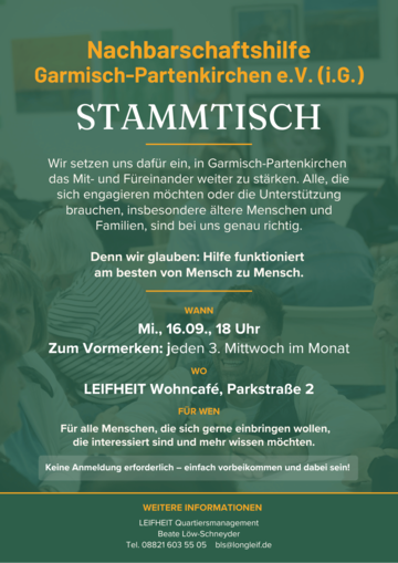 Jeden 3. Mittwoch im Monat findet ab 18 Uhr der Stammtisch der Nachbarschaftshilfe GaPa im LEIFHEIT Wohncafé statt